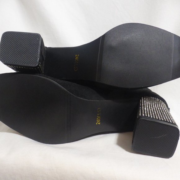 Black suede boots with rhinestones detail on the heel and on the zip pull charm - Picture 7 of 14